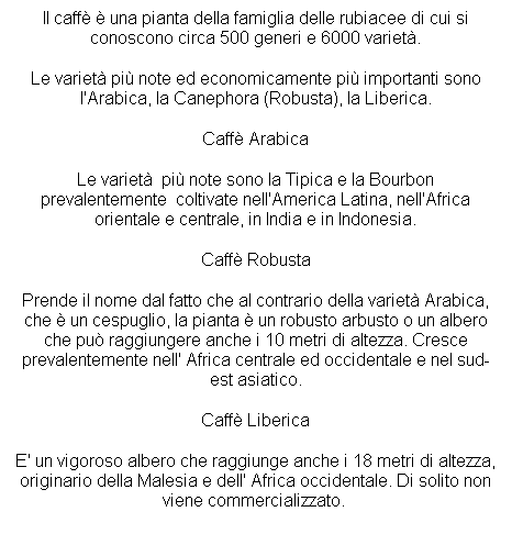 Casella di testo: Il caff  una pianta della famiglia delle rubiacee di cui si conoscono circa 500 generi e 6000 variet. 
Le variet pi note ed economicamente pi importanti sono l'Arabica, la Canephora (Robusta), la Liberica.
Caff Arabica
Le variet  pi note sono la Tipica e la Bourbon prevalentemente  coltivate nell'America Latina, nell'Africa orientale e centrale, in India e in Indonesia.
Caff Robusta
Prende il nome dal fatto che al contrario della variet Arabica, che  un cespuglio, la pianta  un robusto arbusto o un albero che pu raggiungere anche i 10 metri di altezza. Cresce prevalentemente nell' Africa centrale ed occidentale e nel sud-est asiatico.
Caff Liberica 
E' un vigoroso albero che raggiunge anche i 18 metri di altezza, originario della Malesia e dell' Africa occidentale. Di solito non viene commercializzato.  
 
 
