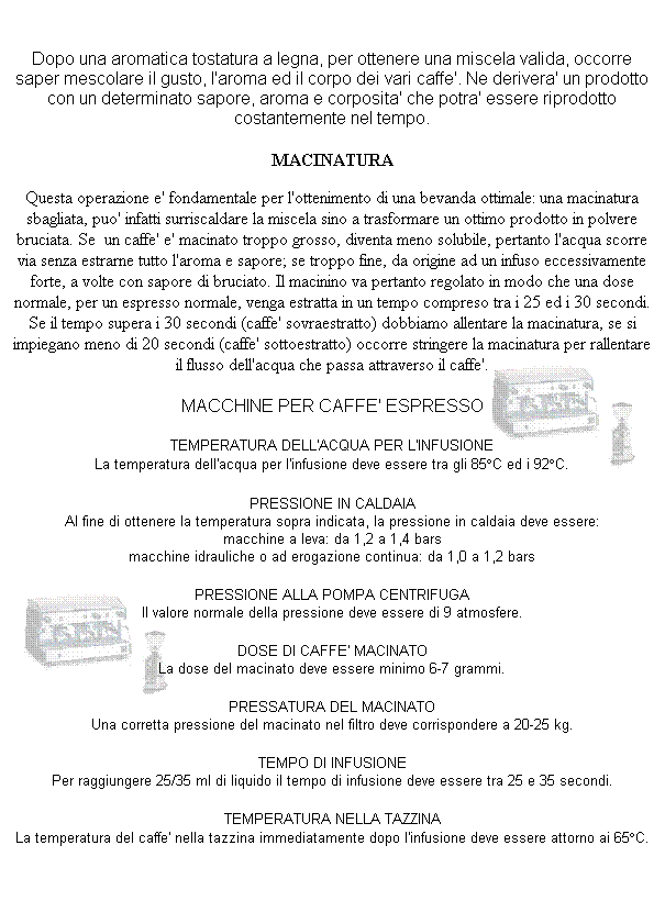 Casella di testo:  
Dopo una aromatica tostatura a legna, per ottenere una miscela valida, occorre saper mescolare il gusto, l'aroma ed il corpo dei vari caffe'. Ne derivera' un prodotto con un determinato sapore, aroma e corposita' che potra' essere riprodotto costantemente nel tempo. 
MACINATURA

Questa operazione e' fondamentale per l'ottenimento di una bevanda ottimale: una macinatura sbagliata, puo' infatti surriscaldare la miscela sino a trasformare un ottimo prodotto in polvere bruciata. Se  un caffe' e' macinato troppo grosso, diventa meno solubile, pertanto l'acqua scorre via senza estrarne tutto l'aroma e sapore; se troppo fine, da origine ad un infuso eccessivamente forte, a volte con sapore di bruciato. Il macinino va pertanto regolato in modo che una dose normale, per un espresso normale, venga estratta in un tempo compreso tra i 25 ed i 30 secondi. Se il tempo supera i 30 secondi (caffe' sovraestratto) dobbiamo allentare la macinatura, se si impiegano meno di 20 secondi (caffe' sottoestratto) occorre stringere la macinatura per rallentare il flusso dell'acqua che passa attraverso il caffe'.
MACCHINE PER CAFFE' ESPRESSO
TEMPERATURA DELL'ACQUA PER L'INFUSIONE
La temperatura dell'acqua per l'infusione deve essere tra gli 85C ed i 92C.
PRESSIONE IN CALDAIA
Al fine di ottenere la temperatura sopra indicata, la pressione in caldaia deve essere:
macchine a leva: da 1,2 a 1,4 bars
macchine idrauliche o ad erogazione continua: da 1,0 a 1,2 bars
PRESSIONE ALLA POMPA CENTRIFUGA
Il valore normale della pressione deve essere di 9 atmosfere.
DOSE DI CAFFE' MACINATO
La dose del macinato deve essere minimo 6-7 grammi.
PRESSATURA DEL MACINATO
Una corretta pressione del macinato nel filtro deve corrispondere a 20-25 kg.
TEMPO DI INFUSIONE
Per raggiungere 25/35 ml di liquido il tempo di infusione deve essere tra 25 e 35 secondi.
TEMPERATURA NELLA TAZZINA
La temperatura del caffe' nella tazzina immediatamente dopo l'infusione deve essere attorno ai 65C.
 
 
